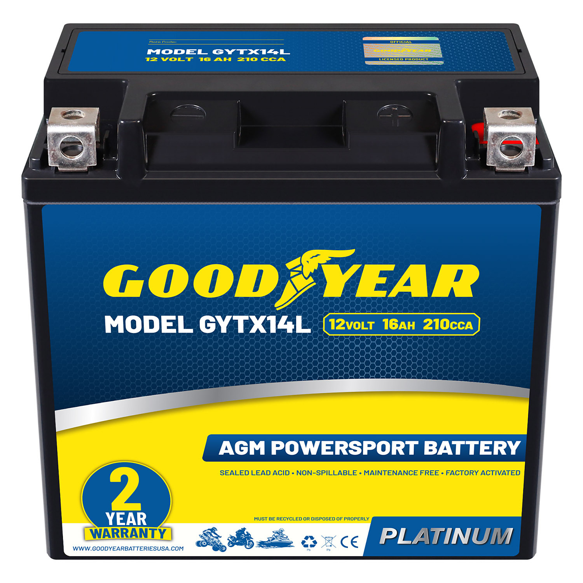Goodyear SLA-AGM Battery — 12V, 16Ah, 210 CCA, Rechargeable, Maintenance-Free, Model# GY4140762